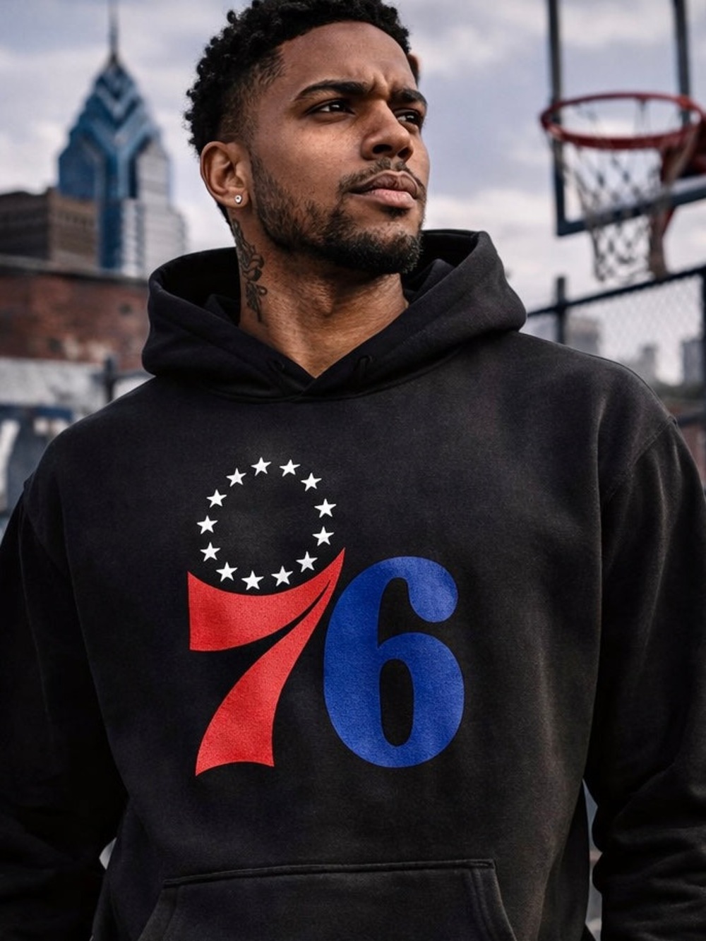 Black Men's Hoodie with Red & Blue 76ers Graphic S-5xl